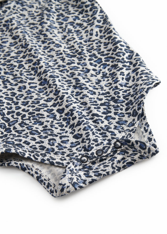 Blue long-sleeved leopard baby bodystocking with ruffled collar