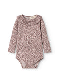 Baby bodystocking with long sleeves, leopard print in dusty purple, and snap closure at the legs.