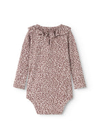 Baby bodystocking with long sleeves, leopard print in dusty purple and round neckline.