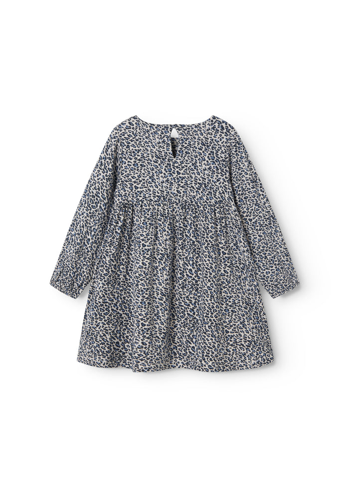 Leopard blue dress for children with elastic in the sleeves and a button-up back.