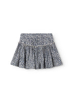 Leopard print blue skirt with waistband and elastic in the waist.