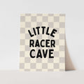 Checkered sign with 'Little Racer Cave' text on a light gray background