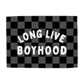 Checkered flag with 'LONG LIVE BOYHOOD' text on a white background