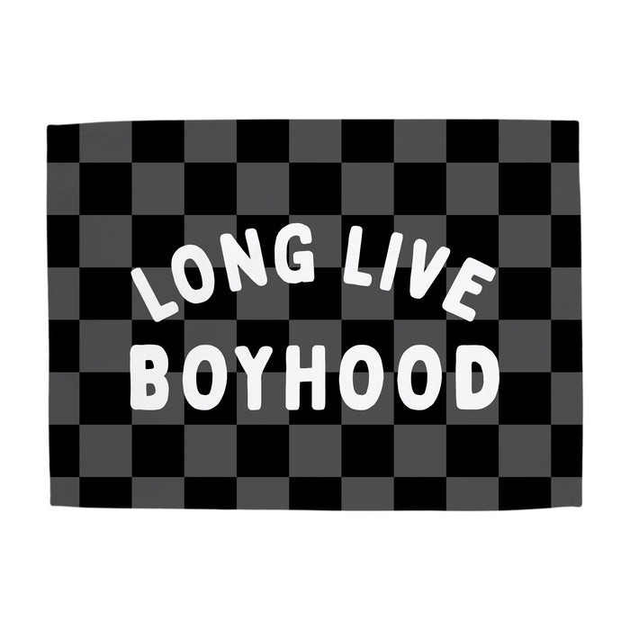 Checkered flag with 'LONG LIVE BOYHOOD' text on a white background
