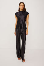 Loretta Top in Satin Back Crepe With a Loose Fit, Cowl Neckline, Cap Sleeves, and a Back Keyhole Button Cutout in Black Colorway - Full Body Front View Featured on Model