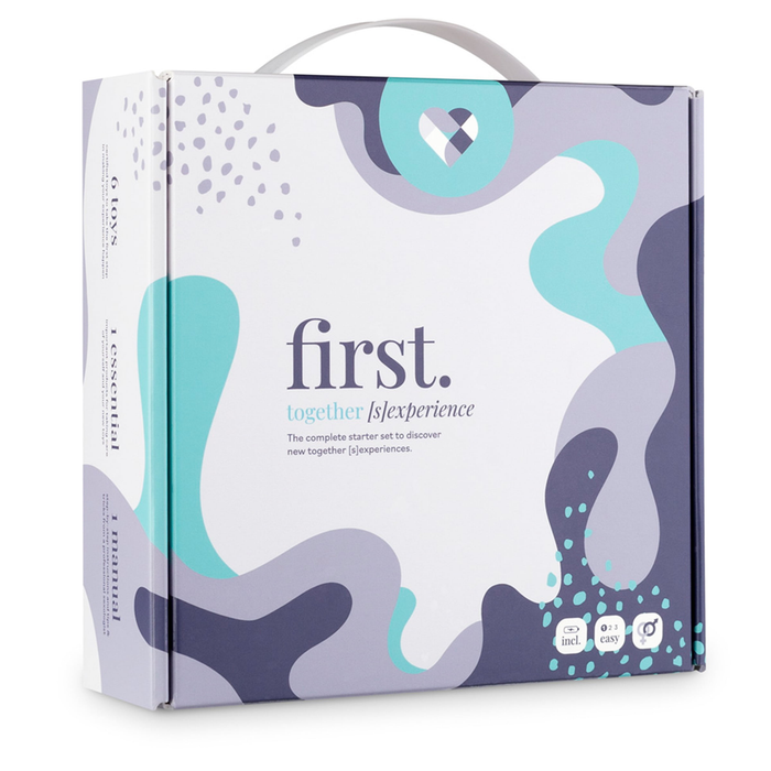 Front view of the white, teal, and purple box for the LoveBoxxx First Together Starter Set.