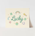 Card with 'Lucky' text and various symbols on a light yellow background