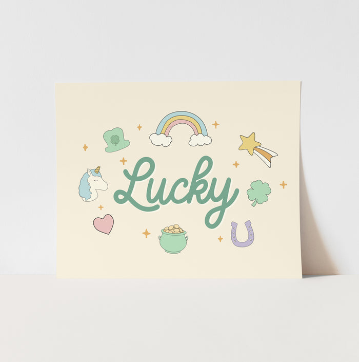 Card with 'Lucky' text and various symbols on a light yellow background