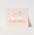 Poster with rainbow, clouds, and 'Lucky Girl' text on a pink background