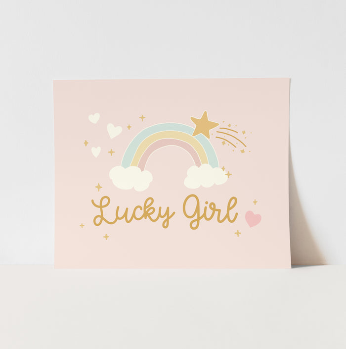 Poster with rainbow, clouds, and 'Lucky Girl' text on a pink background