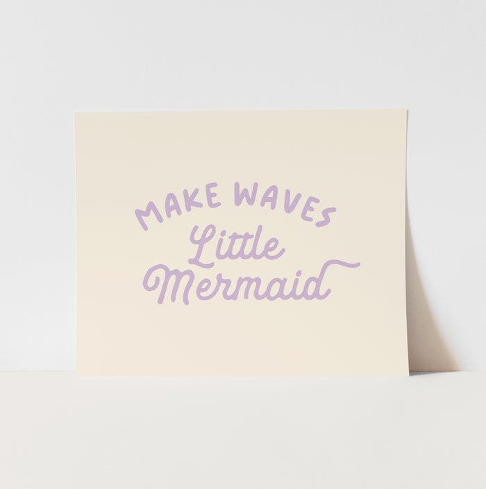 Beige card with purple text 'MAKE WAVES Little Mermaid' on a white background