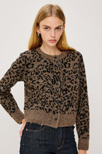 Matilda Cardigan Sweater in Cashmere Wool Blend With Crew Neckline, Ribbed Trim, Front Buttons, Long Sleeves in Spotted Colorway - Upper Body Front View Featured on Model