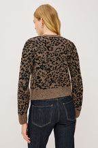 Matilda Cardigan Sweater in Cashmere Wool Blend With Crew Neckline, Ribbed Trim, Front Buttons, Long Sleeves in Spotted Colorway - Upper Body Back View Featured on Model