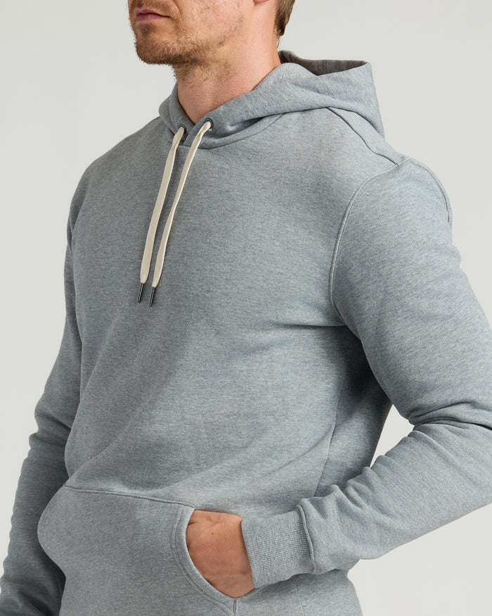 Medium Heather Gray Tall Fleece French Terry Pullover Hoodie, showcasing kangaroo pocket and ribbed cuffs.