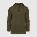 Military Green Waffle Hoodie with kangaroo pocket and drawstring hood.