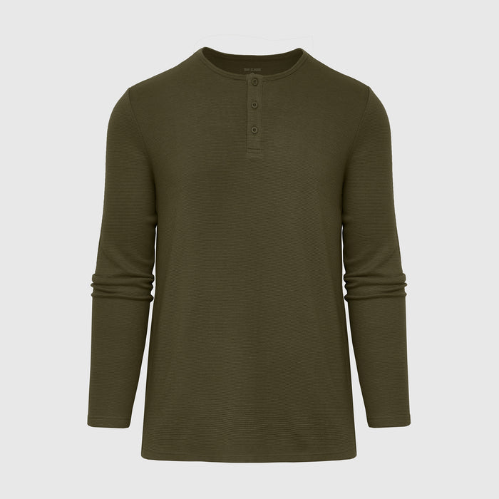 Military Green Waffle Long Sleeve Henley, waffle-knit texture, three-button placket.