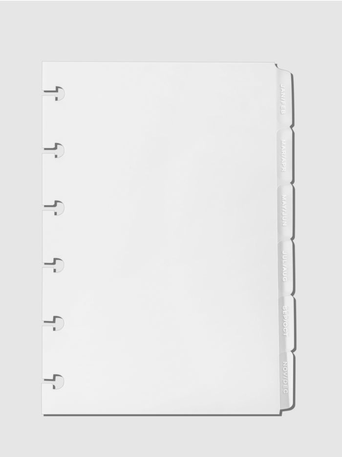 Monthly Side Tab Planner Dividers, Low Profile, Matte. White foil tabs displayed on a neutral background.