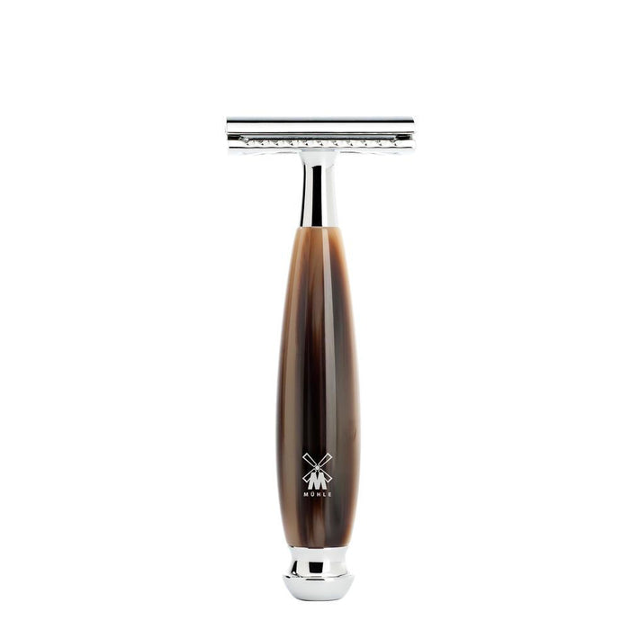 MÜHLE VIVO 4 Pc. Shaving Set, Black Fibre Brush & Safety Razor, Horn Brown