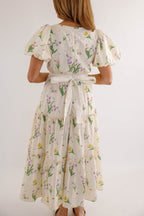 Cream Floral Puff Sleeve Midi Dress – Romantic Wildflower Cottagecore Dress- Mable Floral Midi Dress