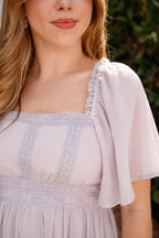 Dusty Grey Lace Trim Maxi Dress – Romantic Flutter Sleeve Dress- In Loom Grey Maxi