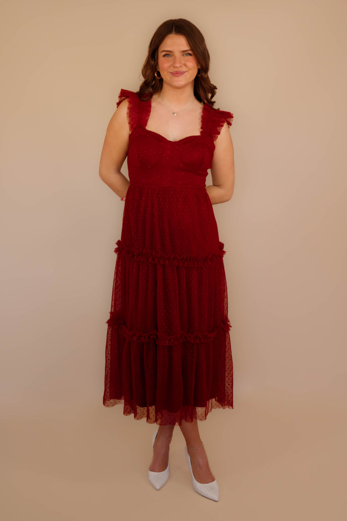 Wine Colored Midi Dress- Tulle Swiss Dot Midi Dress- BluPepper Dresses