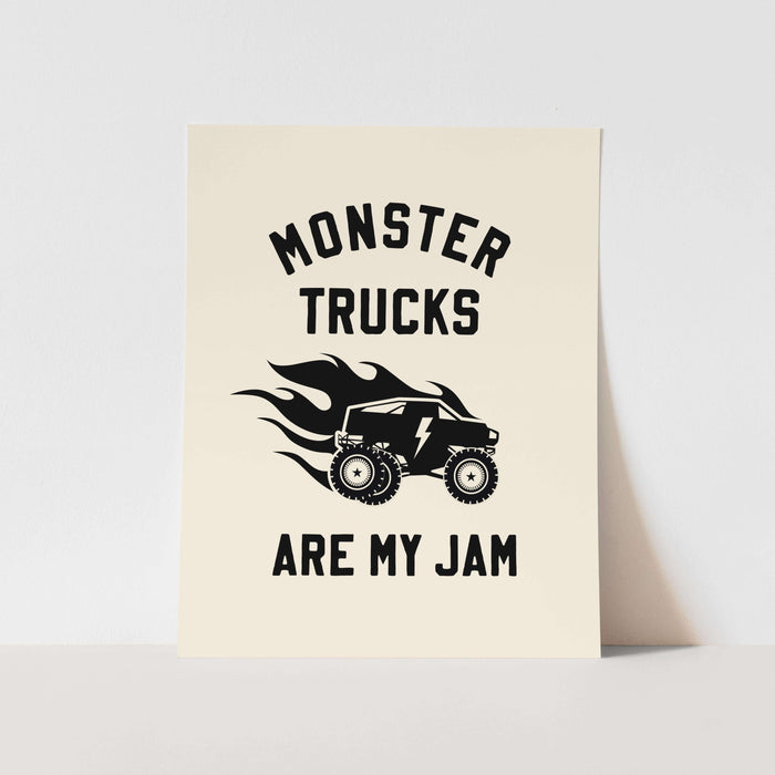 Card with 'Monster Trucks Are My Jam' text and graphic on a beige background