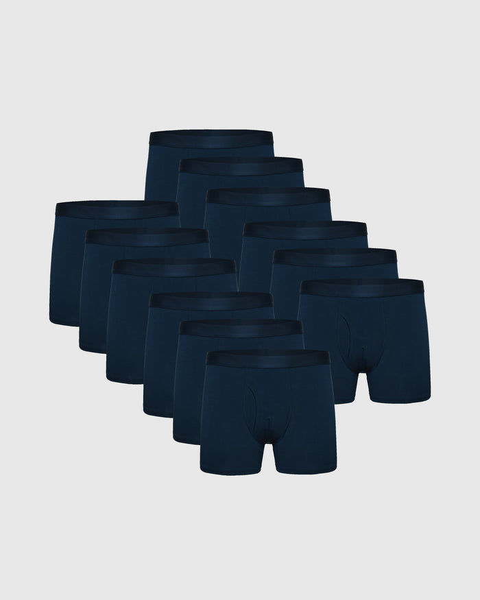 Navy Boxer Trunks W/ Fly 12-Pack, arranged neatly, showcasing comfort.