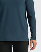 Navy Classic Long Sleeve Henley worn with black pants.