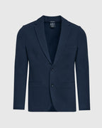 Navy Comfort Knit Blazer with notch lapels and two-button closure.