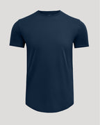 Navy Pima Cotton Blend Curved Hem Crew shirt displayed on a neutral background, featuring a smooth, soft fabric and classic crew neckline for men's basics.