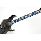image of guitar with a fret protector on it against a white background. it has a lot of abstract shapes in black, white, and light blue. some of the spaces have white triangles with a black outline with the steve vai logo in the center. The steve vai logo makes the word "vai" with an upside down triangle, a right side up one, and a line going across the triangles with a curl at the end next to the triangle that is upright.