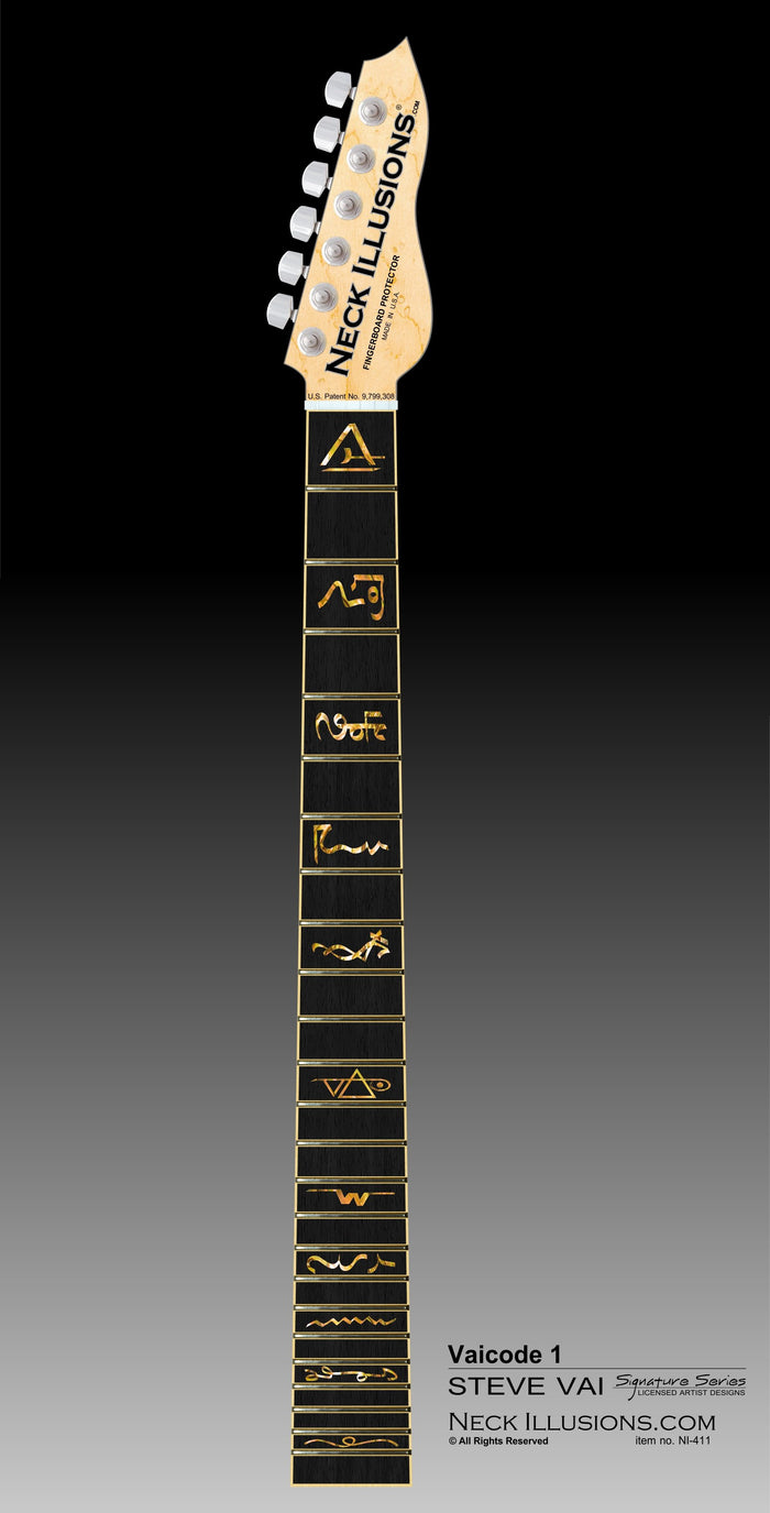 close up image of a guitar neck against a black to grey gradient background. there is a fret protector on the guitar. It is black with multi-color symbols on nearly every other fret. One fret has the steve vai logo on it. The steve vai logo makes the word "vai" with an upside down triangle, a right side up one, and a line going across the triangles with a curl at the end next to the triangle that is upright.