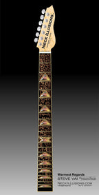 close up image of a guitar neck against a black to grey gradient background. there is a fret protector on the guitar. It is black with light brown symbols all over it. Every other fret has a brown, black and greenish triangle on it with a white steve vai logo in the center of it. The steve vai logo makes the word "vai" with an upside down triangle, a right side up one, and a line going across the triangles with a curl at the end next to the triangle that is upright.