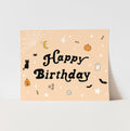 Halloween-themed birthday card with illustrations on a beige background
