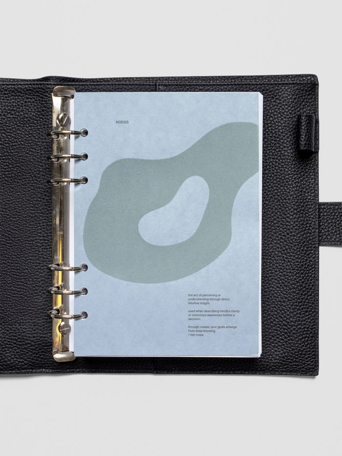 Textured blue planner dashboard with organic shape design flocked in blue-green with text shown in A5 size inside a leather planner cover.