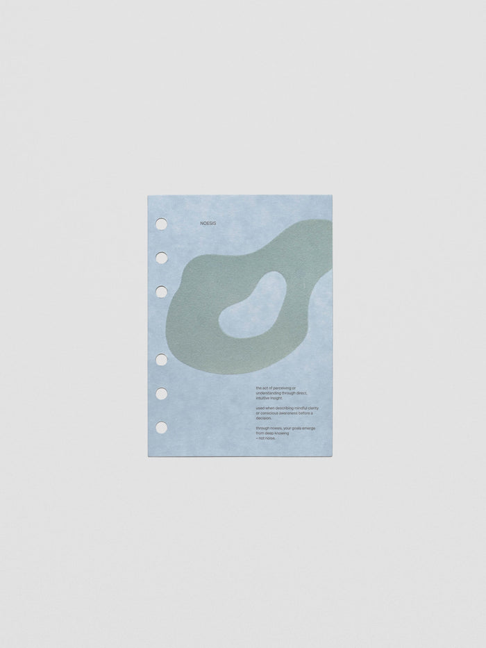 Blue speckle cardstock planner dashboard with organic shape design flocked in blue-green with text design shown in A6 size.