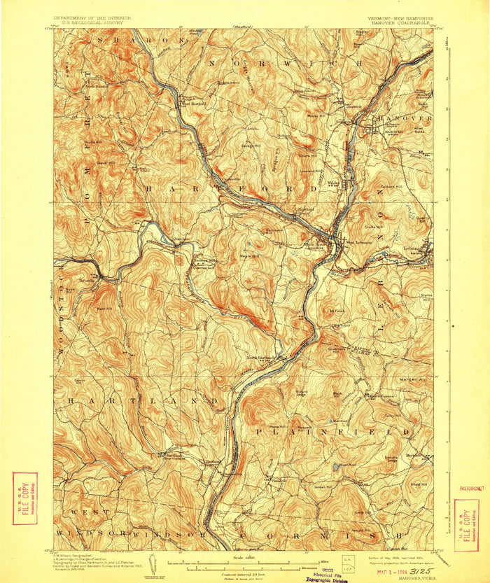 Old Map of Hanover, New Hampshire by USGS, 1908 – Dartmouth College, Quechee & Connecticut River