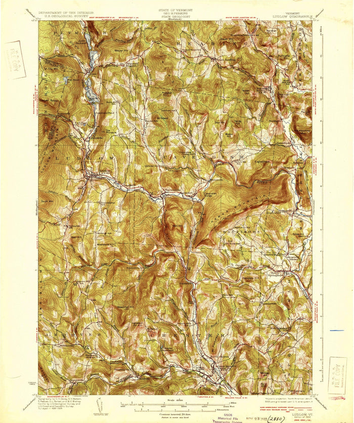 Old Map of Ludlow, Vermont by USGS, 1932 – Okemo Mountain, Lake Rescue & Black River