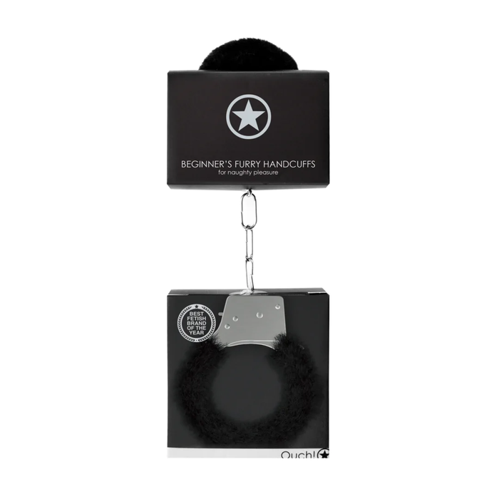 Image of black Ouch! Beginner's Furry Handcuffs Black in packaging.