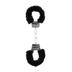 Full view of Ouch! Beginner's Furry Handcuffs Black connected by a metal chain.