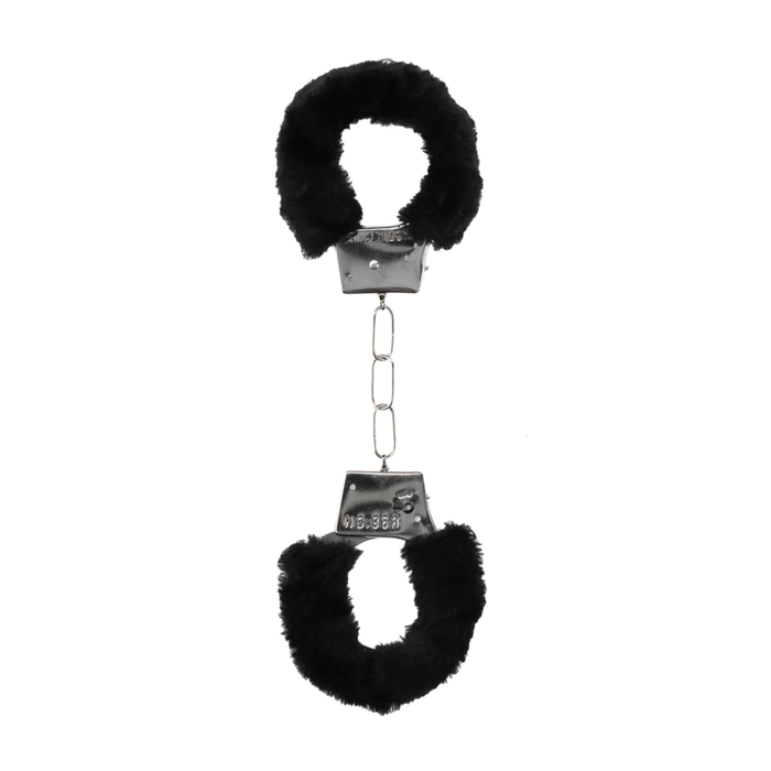 Full view of Ouch! Beginner's Furry Handcuffs Black connected by a metal chain.
