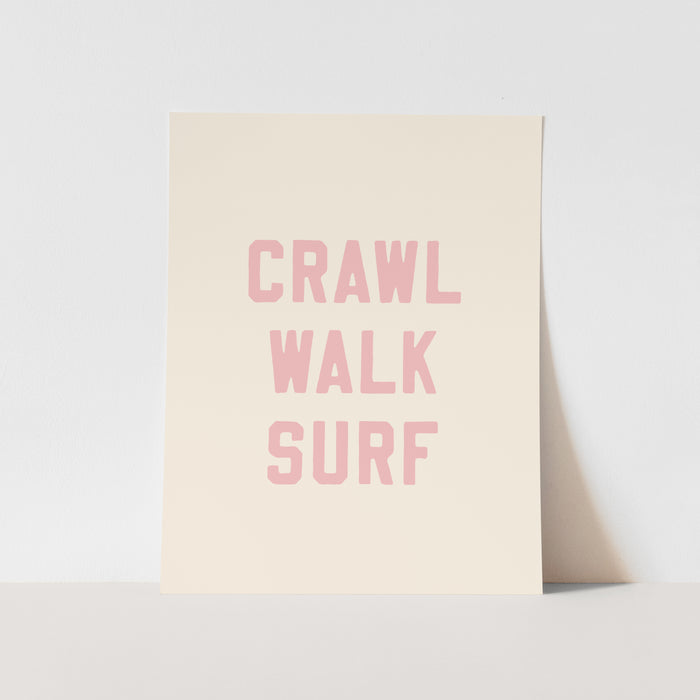 Poster with 'CRAWL WALK SURF' text on a beige background