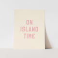 Beige card with 'ON ISLAND TIME' text in pink on a light gray background