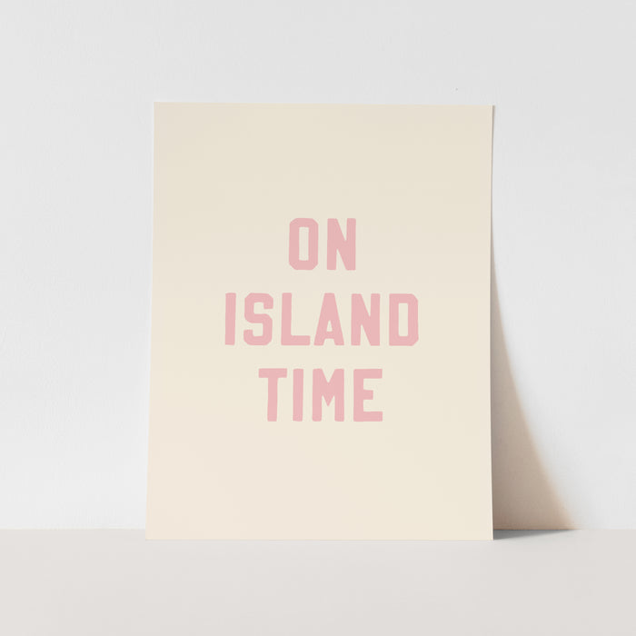 Beige card with 'ON ISLAND TIME' text in pink on a light gray background