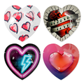 Four colorful heart-shaped Pasante Heart condom foils with themed designs (e.g., neon, tattoo-style).