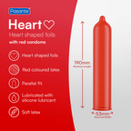 Red Pasante Heart condom diagram showing 190mm length and 53mm nominal width.