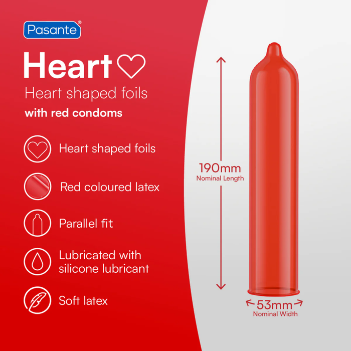 Red Pasante Heart condom diagram showing 190mm length and 53mm nominal width.