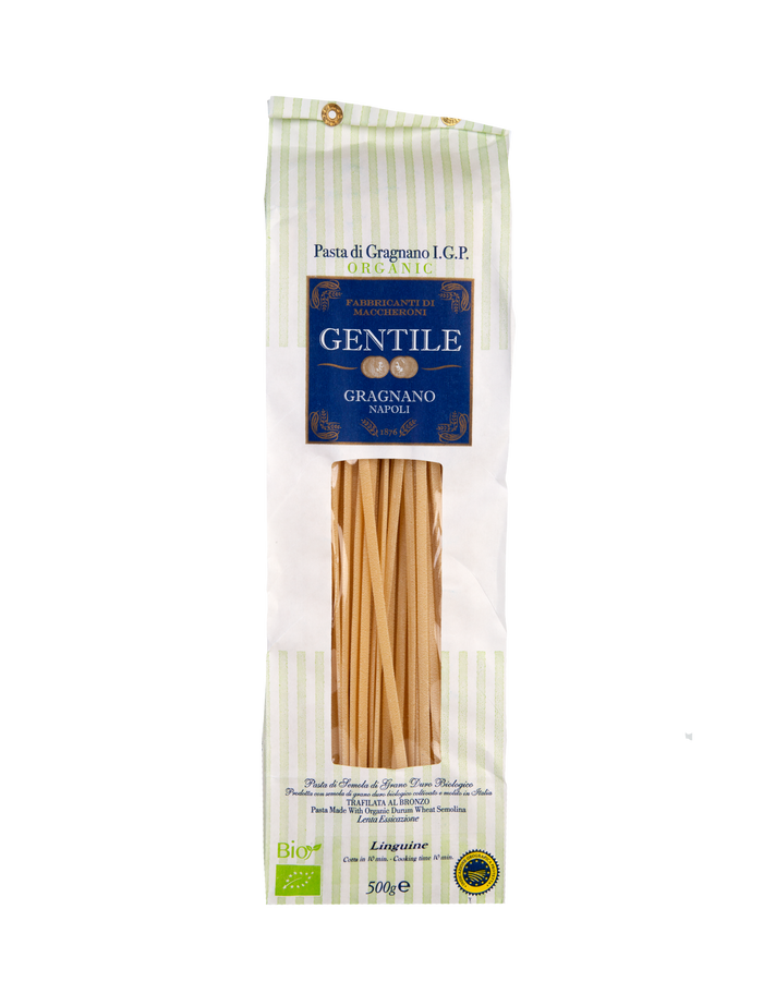 Packaging of Gentile Pasta di Gragnano IGP - Linguine showing the product and brand name, along with the image of the pasta.