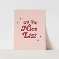 Pink card with 'on the Nice List' text on a light gray background