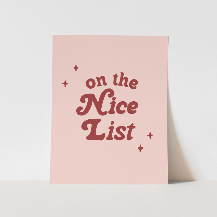 Pink card with 'on the Nice List' text on a light gray background
